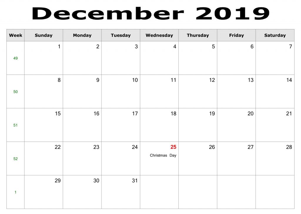 Free Monthly Printable December 2019 Calendar Templates - Blank ...