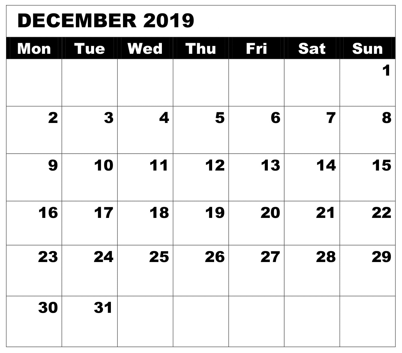 Decorative December 2019 Calendar Word
