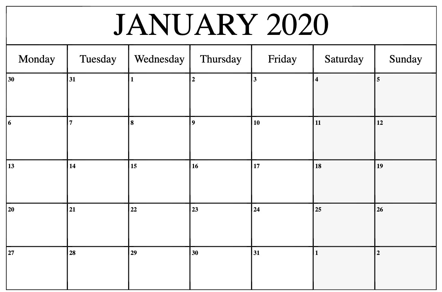 January 2020 Calendar Blank Template