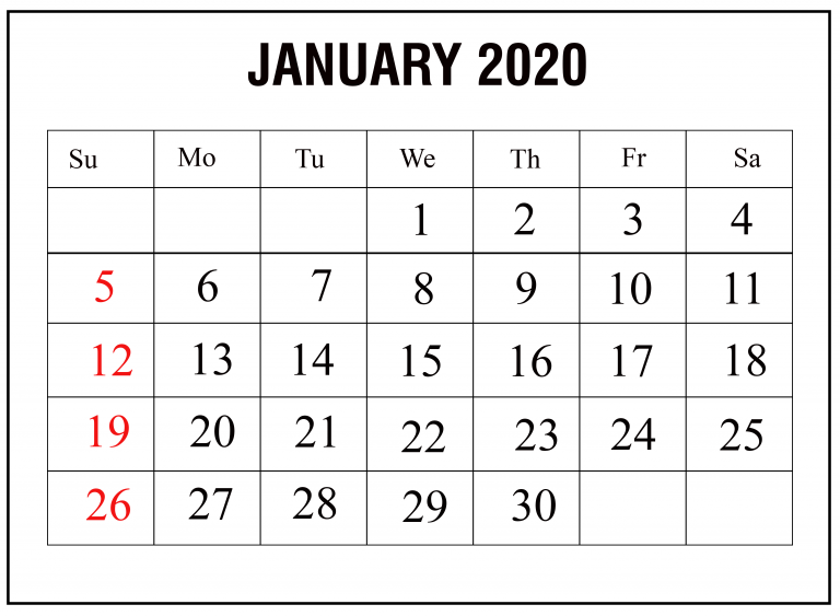 Monthly January 2020 Calendar Printable PDF Word Excel - Blank ...