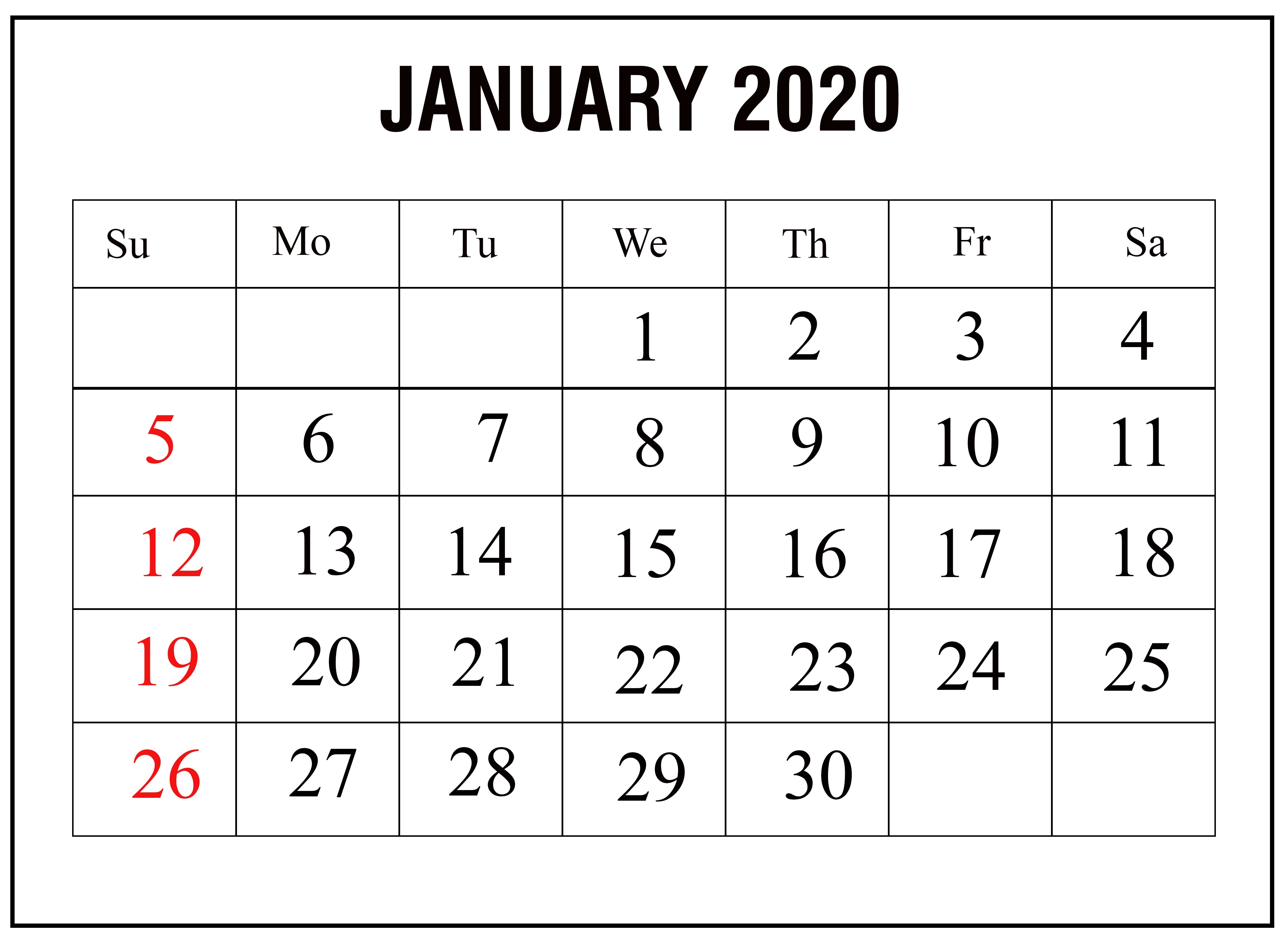 January 2020 Printable Calendar Template