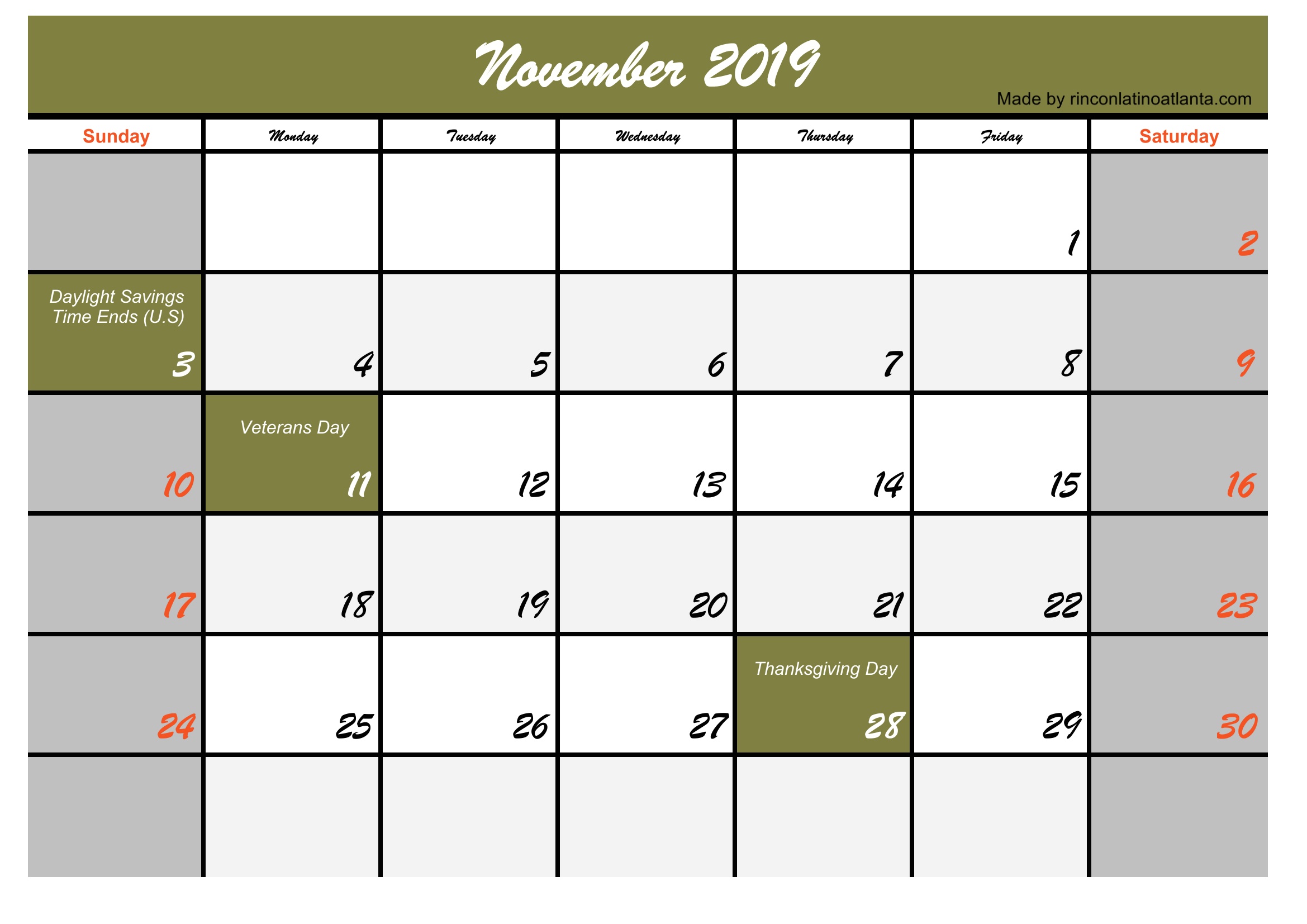 21  Free Blank November Calendar 2019 Printable in PDF Word Excel