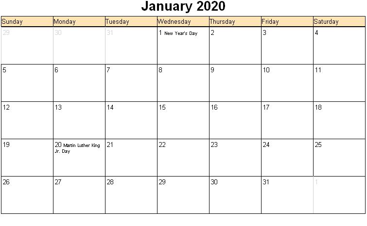 Print January 2020 Holidays Calendar