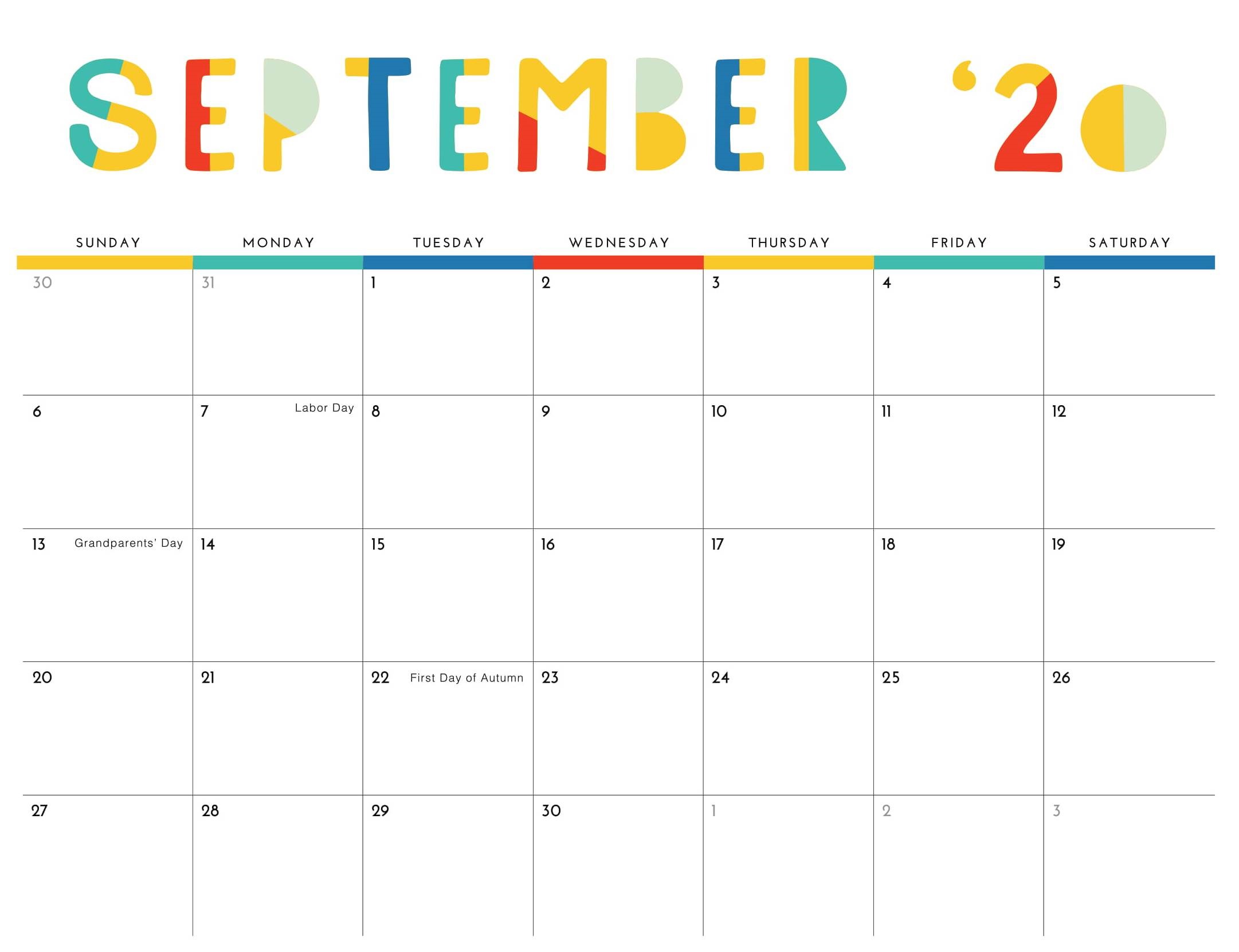 Monthly 2020 Calendar September