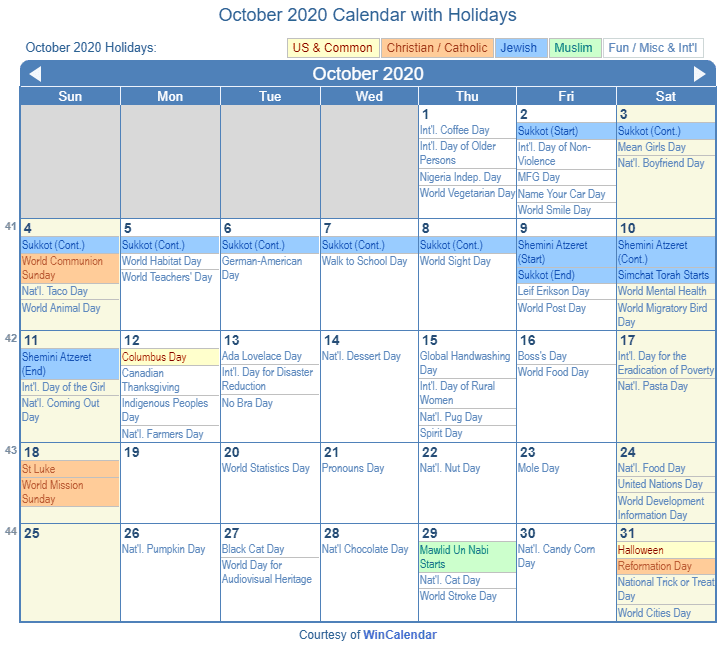 October 2020 Calendar with Holidays United States