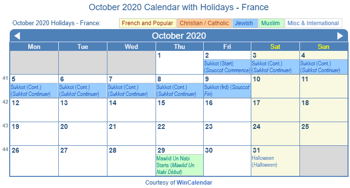 October 2020 France Calendar Holidays