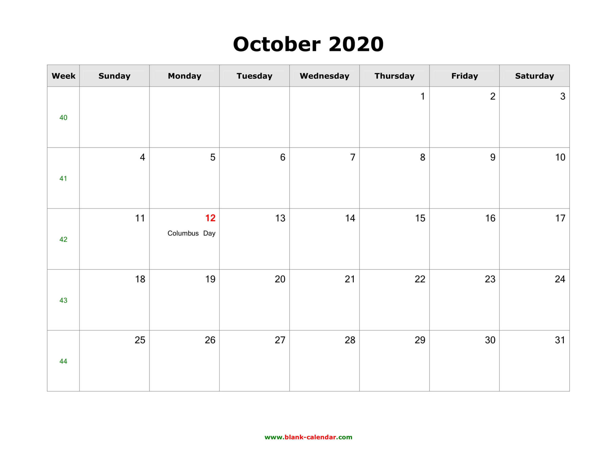 October 2020 US Calendar Holidays