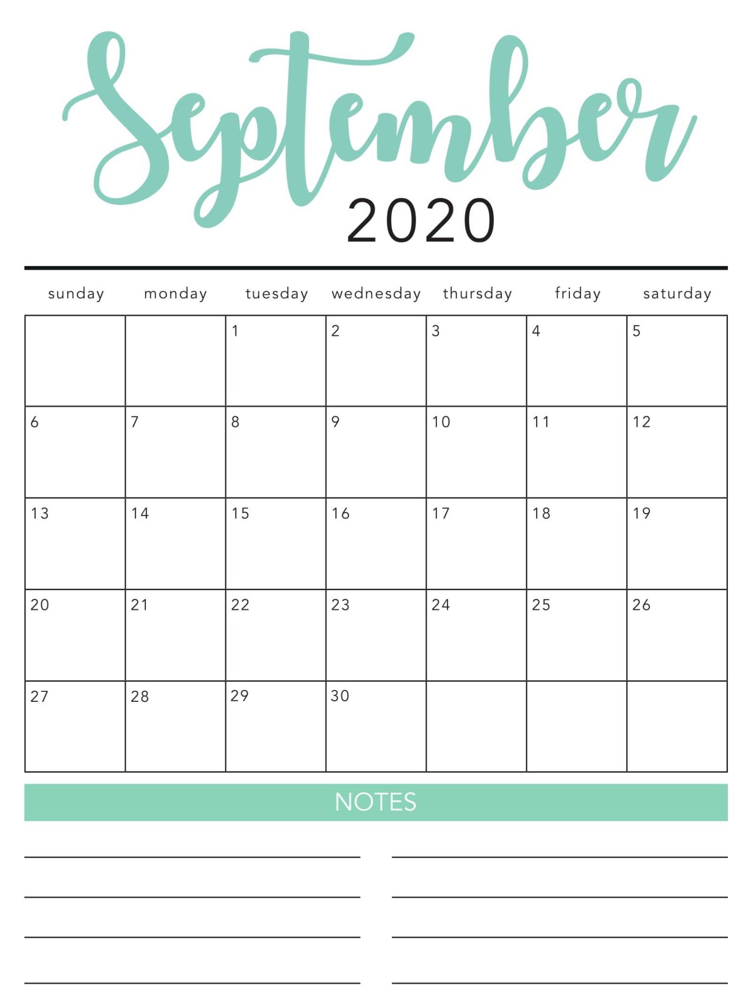 September Blank Calendar Printable