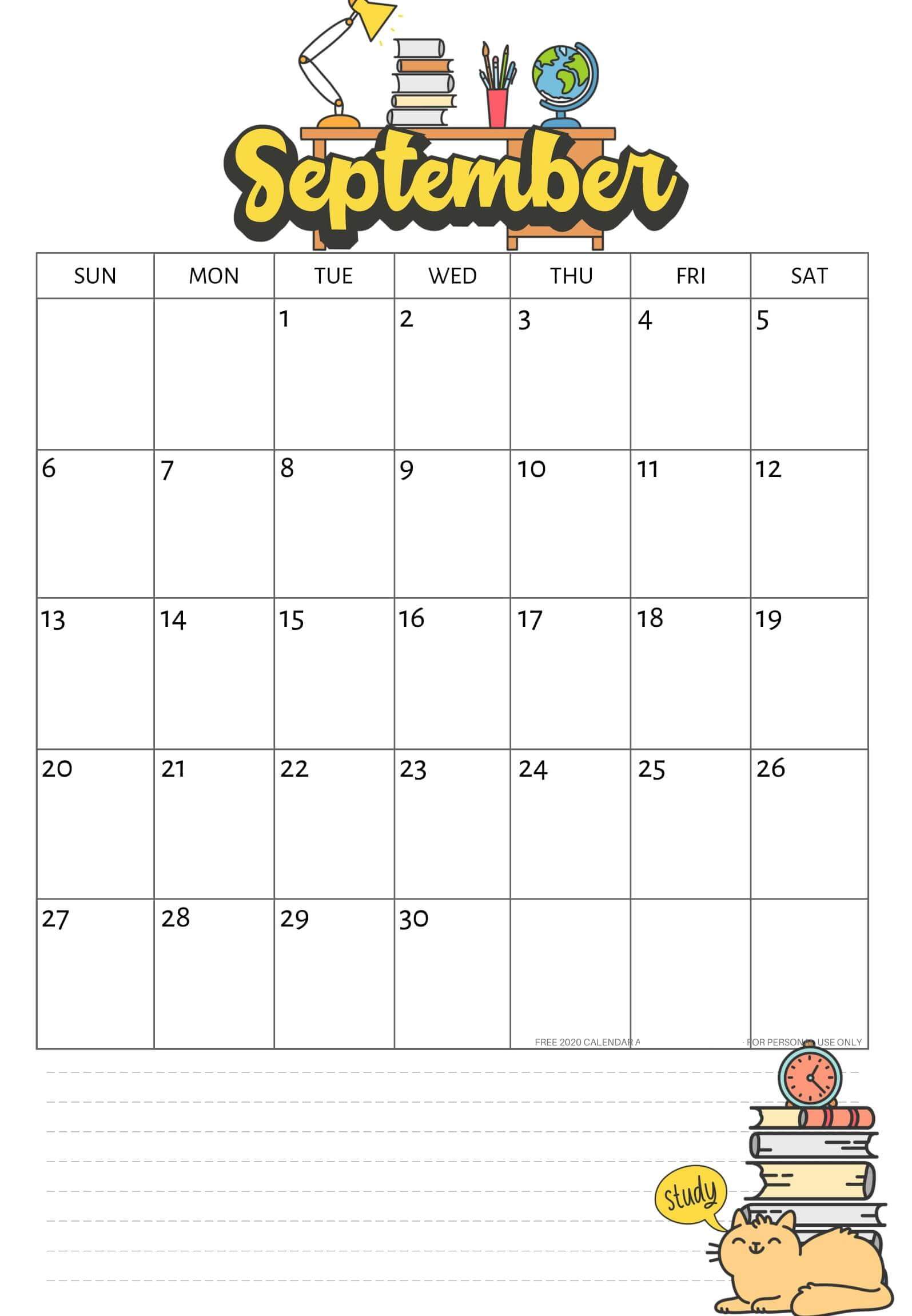 September 2020 Blank Calendar with notes