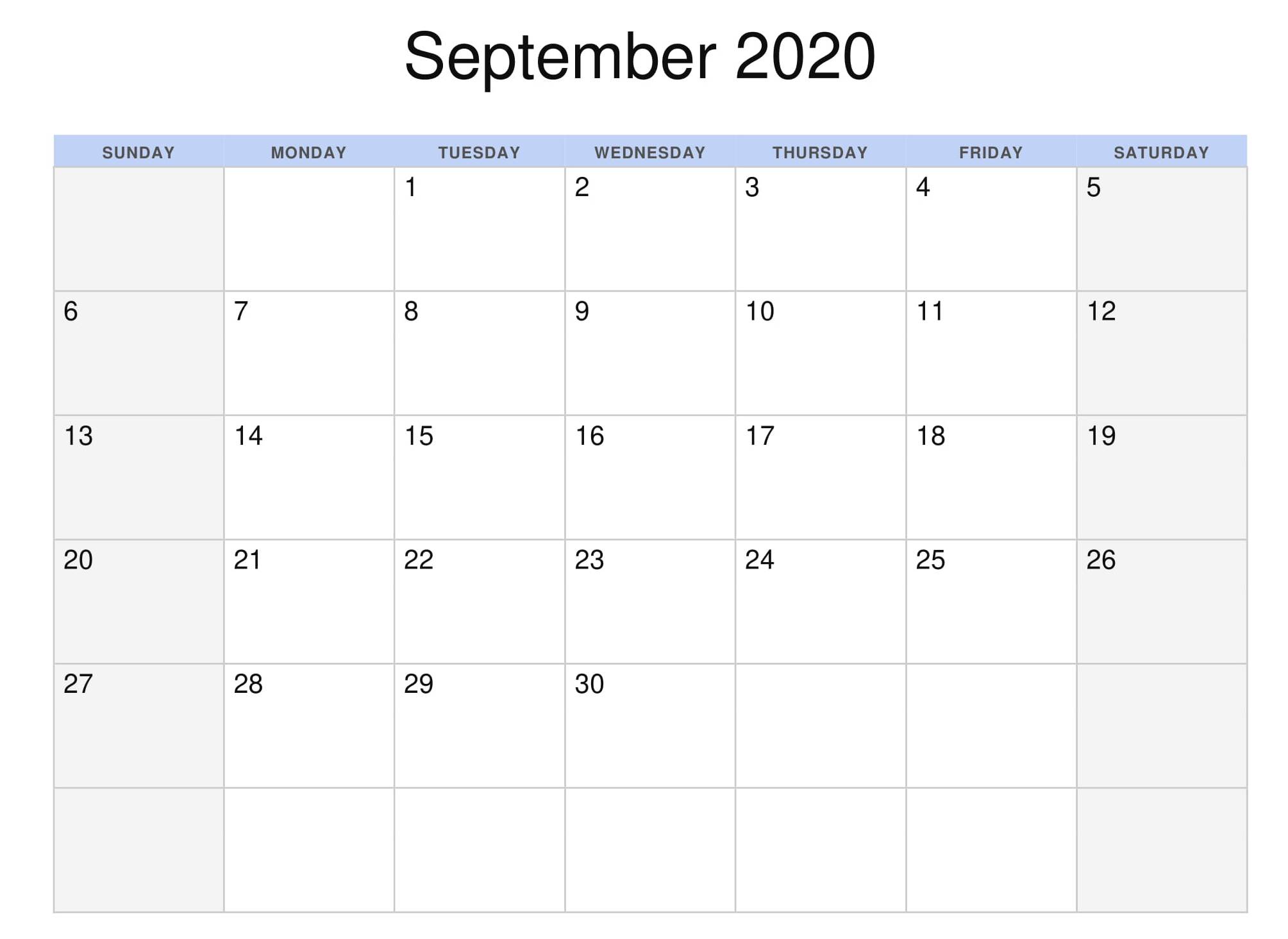 Free 17 2020 September Calendar Printable Template Pdf Word Excel