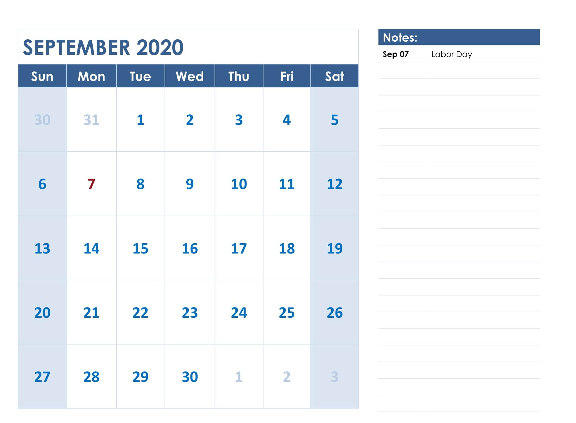 September 2020 Fillable Calendar Template