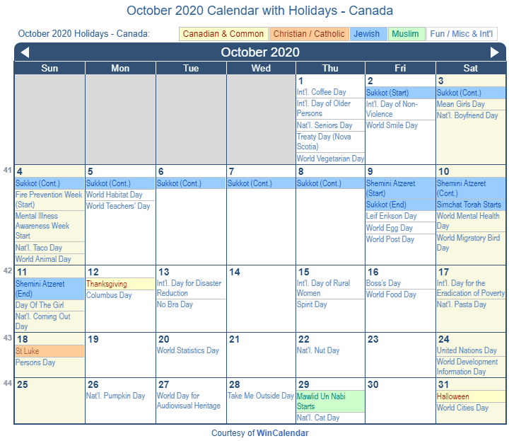 october 2020 calendar with holidays canada