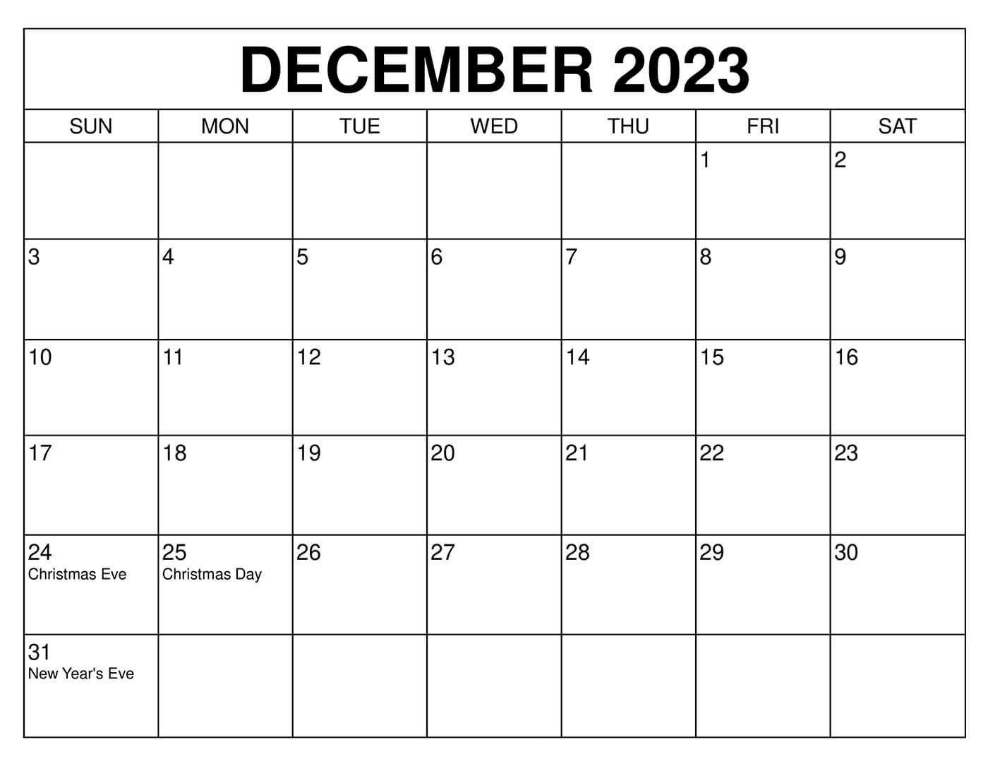 2023 calendar for december with holidays