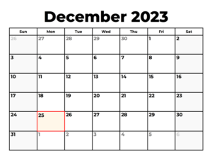 2023 December calendar holidays