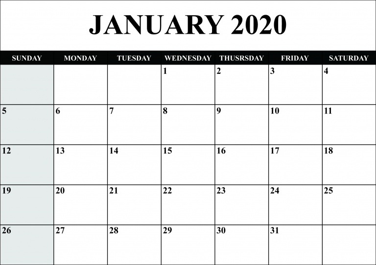 Blank Calendar January 2020 Printable Fillable Template Notes - Blank ...