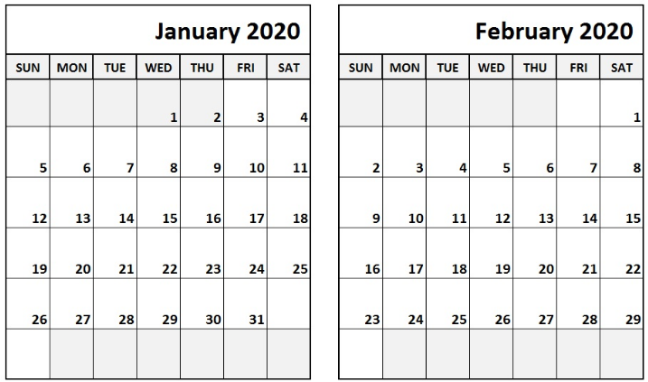 Blank Calendar January February 2020
