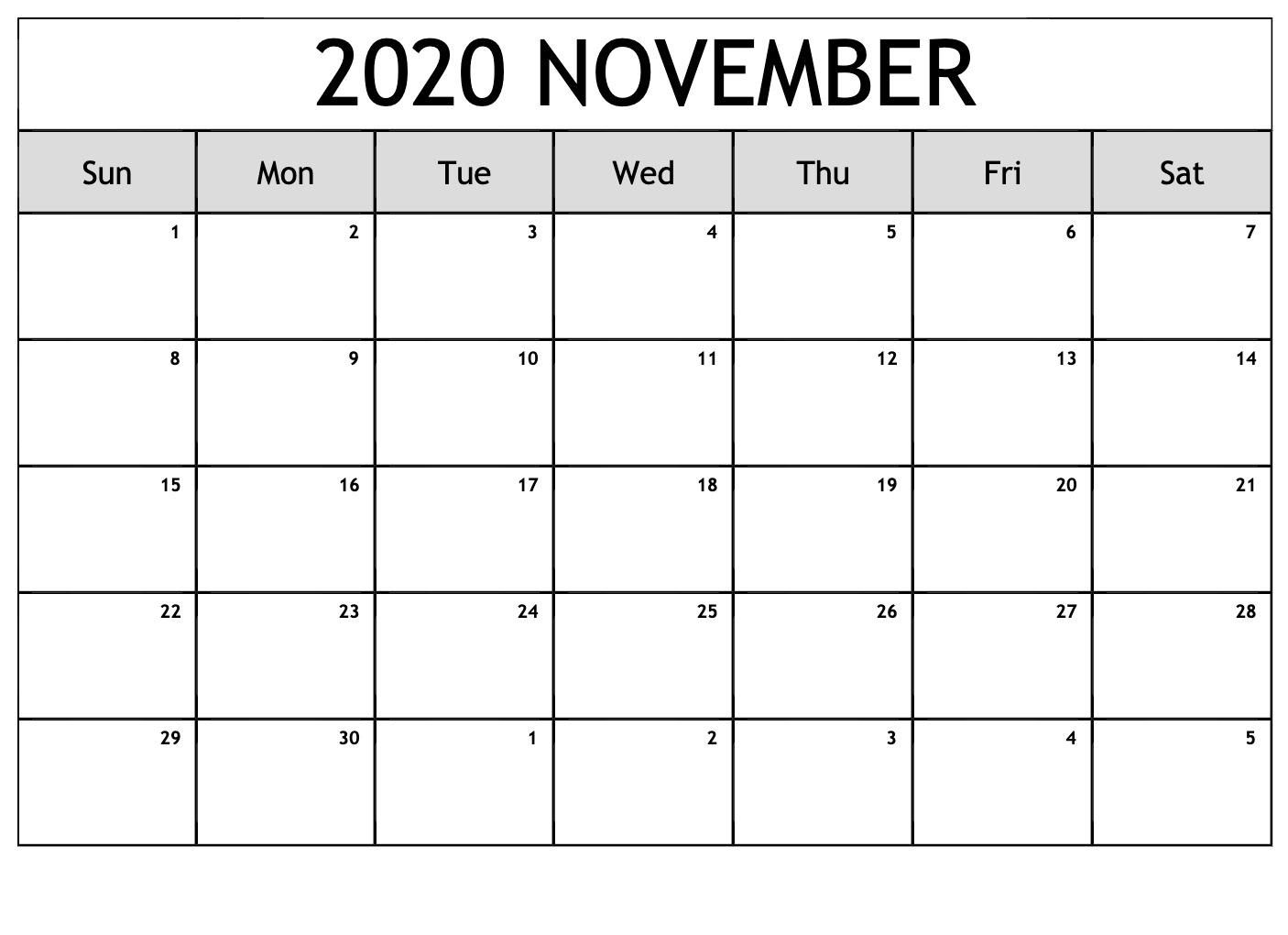 Blank November 2020 Calendar Editable