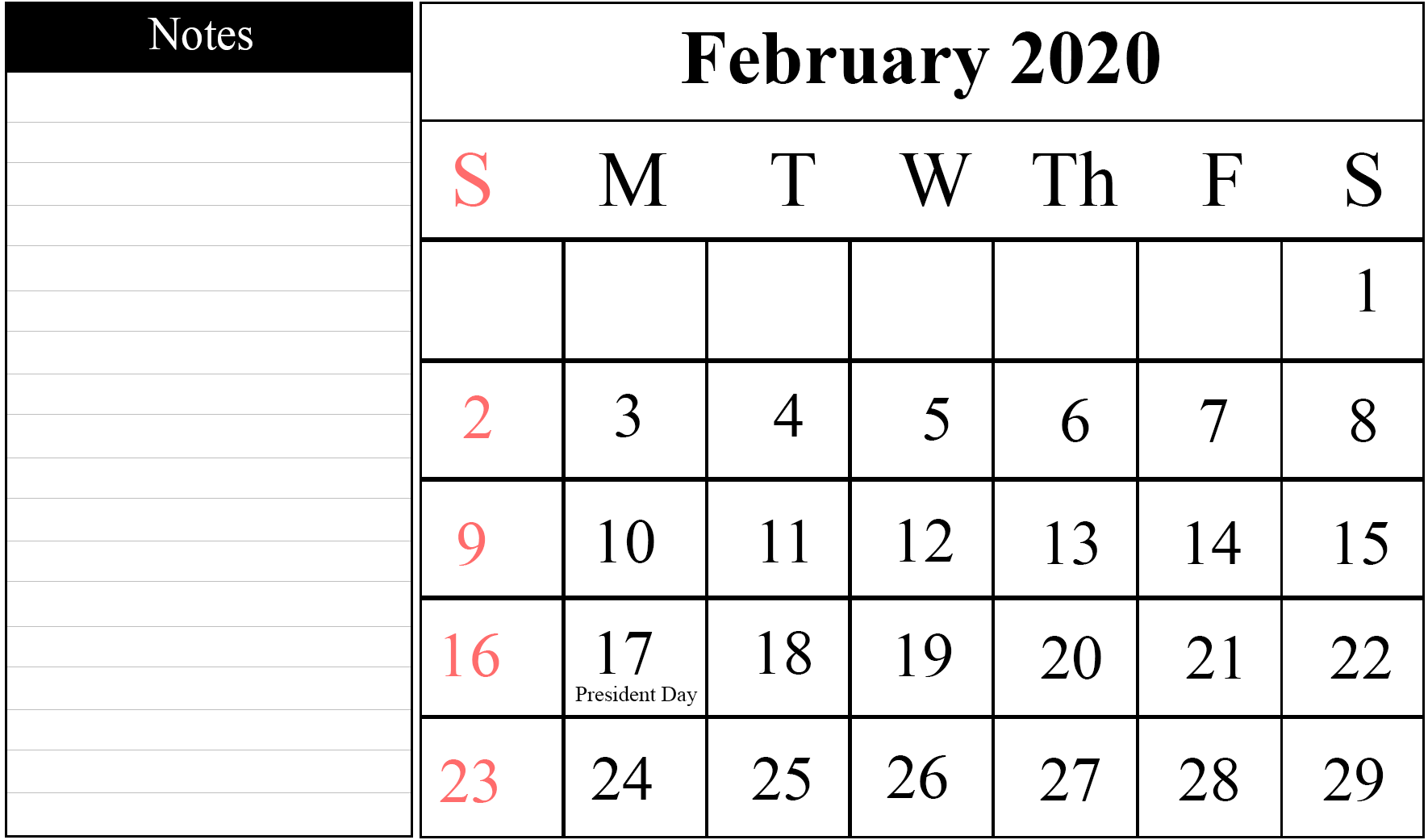 Calendar For February 2020 with Notes