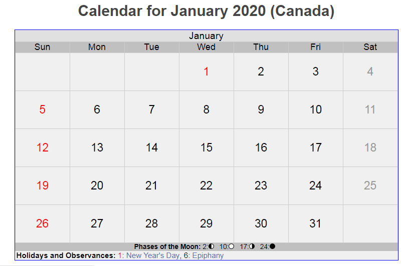 Canada Calendar For January 2020