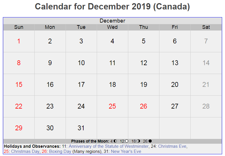 December 2019 Canada Holidays Calendar