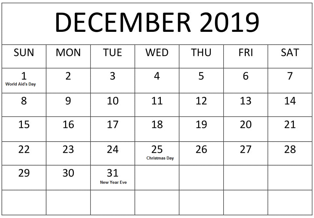 December 2019 Federal Holidays Calendar