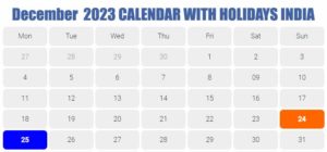 December 2023 Holidays Calendar India