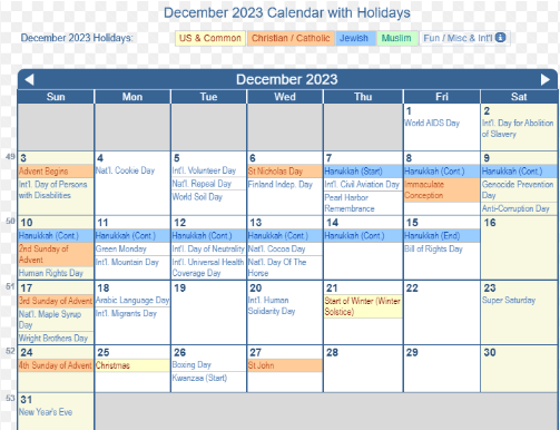 December 2023 Holidays Calendar US