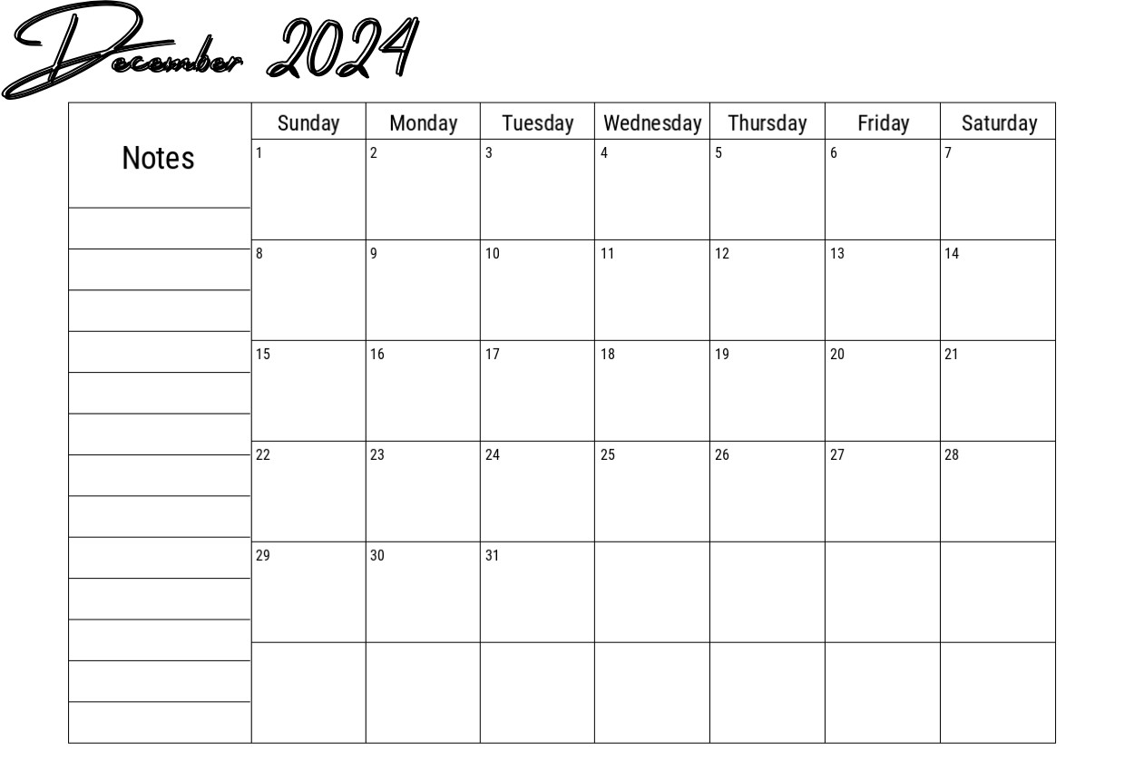 December 2024 Calendar With Notes