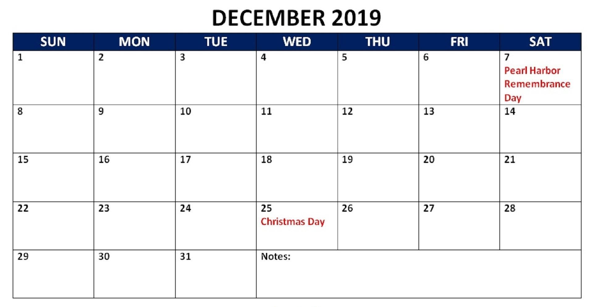December Holidays 2019 Calendar