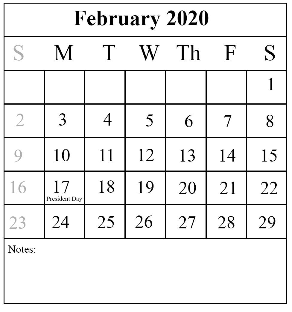 February 2020 Calendar with Notes