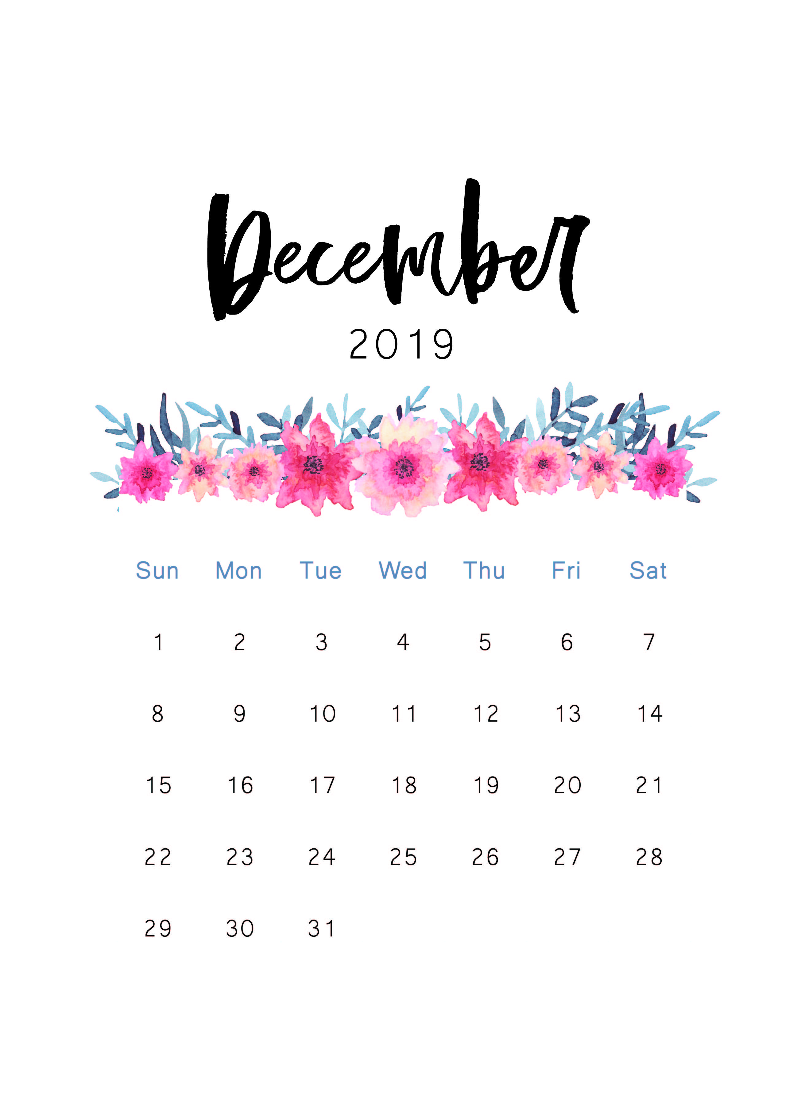 Floral December 2019 Calendar Cute
