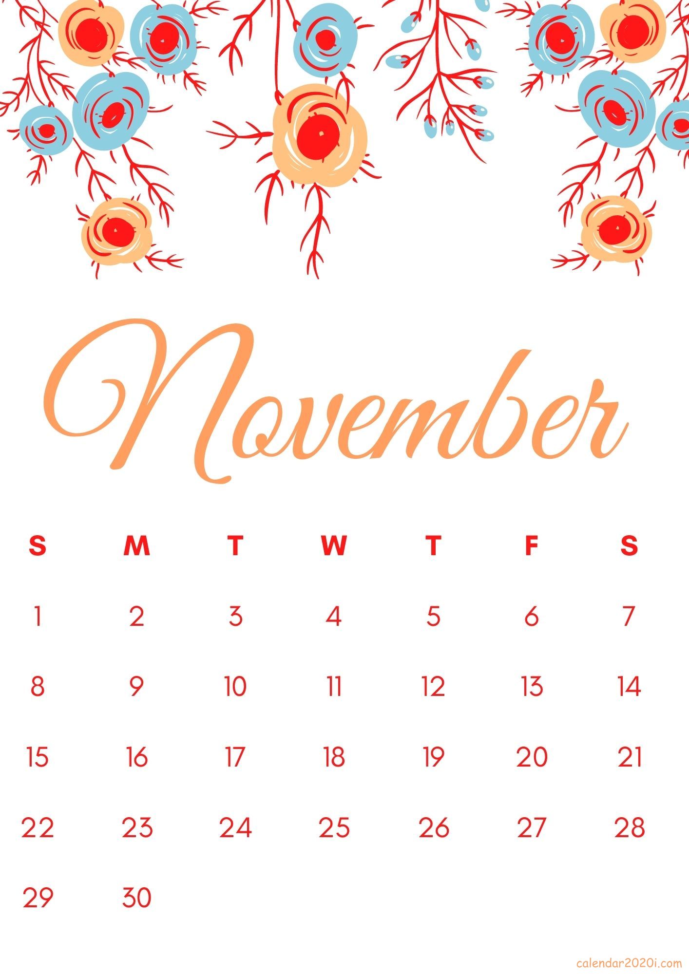 Floral November 2020 Calendar Printable Free
