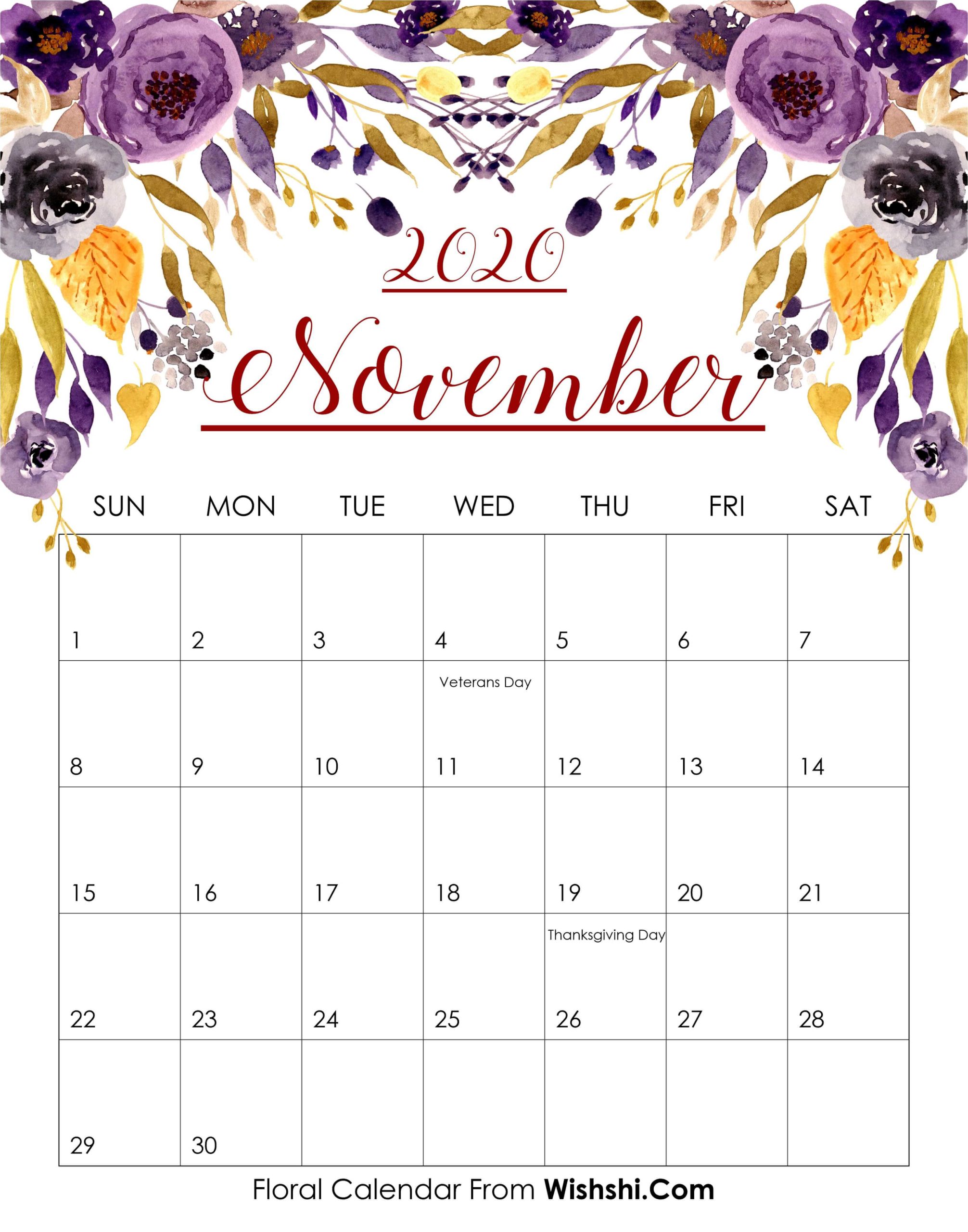 Floral November Calendar 2020 Template