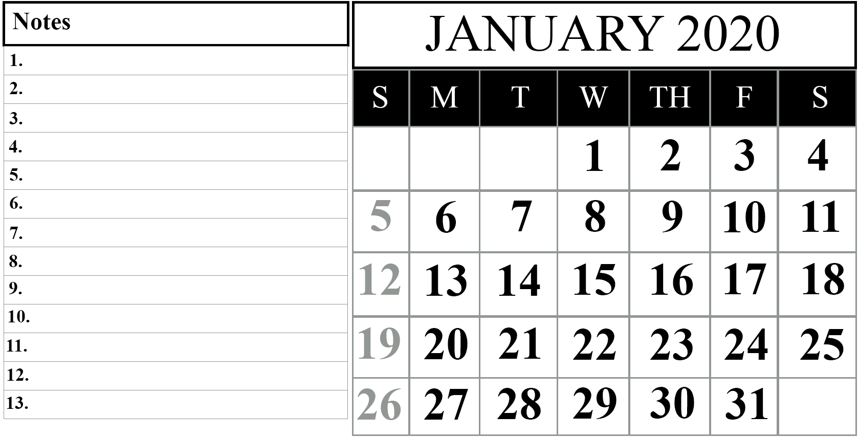 Free Printable Calendar of January 2020