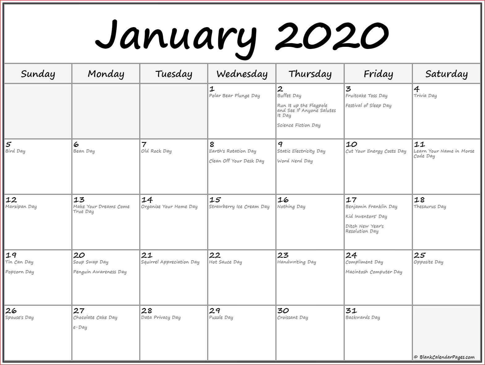 Holidays Calendar January 2020
