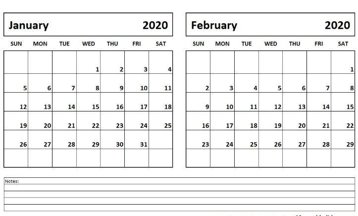 Jan Feb 2020 Calendar Printable Template
