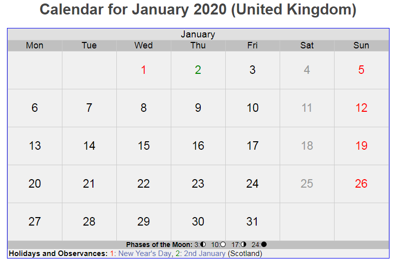 January 2020 Calendar UK
