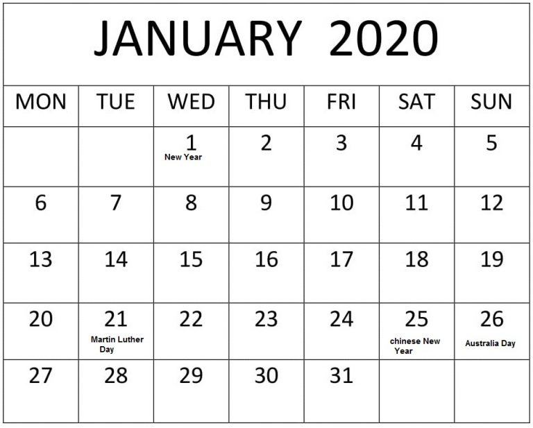 List of January Holidays 2020 Calendar USA, UK, Canada - Blank ...