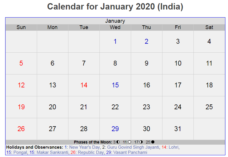 January 2020 Indian Holidays Calendar
