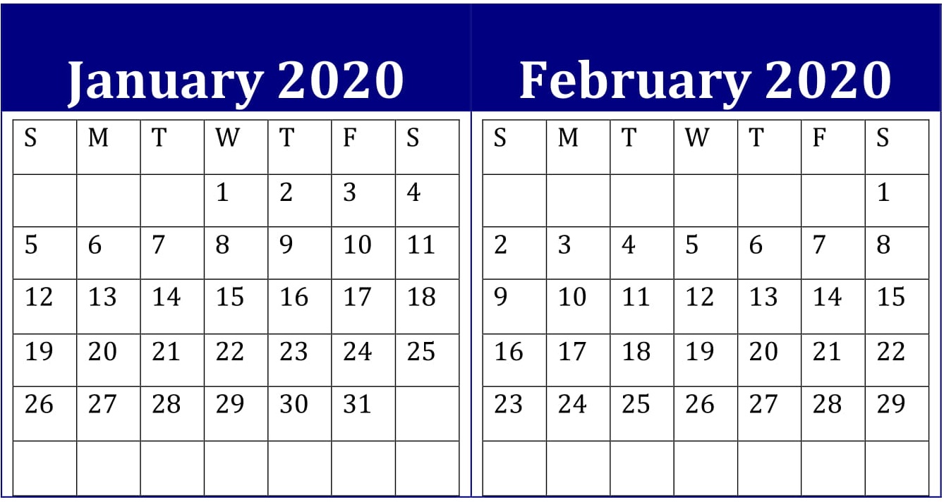 January February Calendar 2020 Printable PDF Word Landscape Portrait