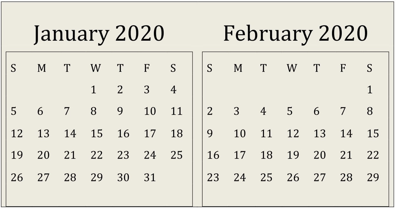 January February Google 2020 Calendar Large Print