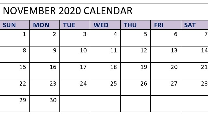 November 2020 Calendar Landscape