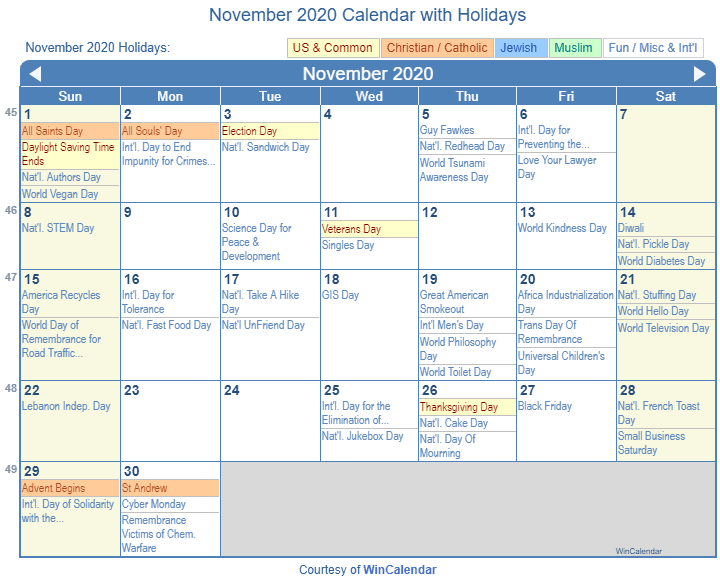 November 2020 Calendar with Holidays United States