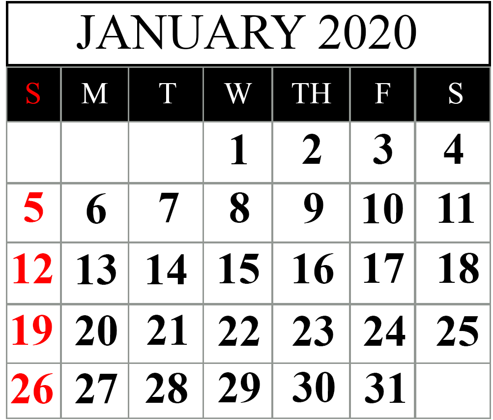 Printable Calendar January 2020 Template