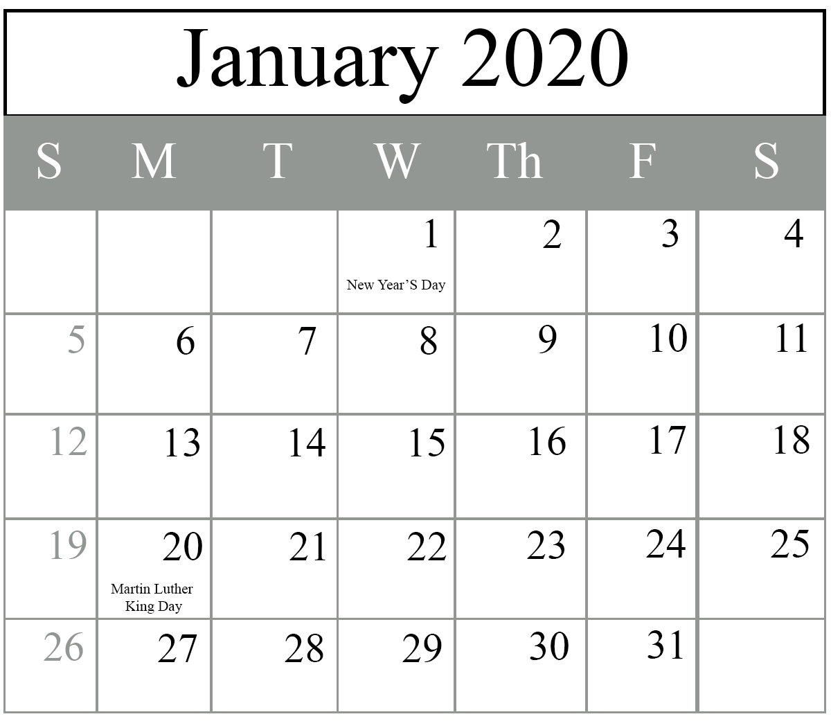 Printable January 2020 Holidays Calendar