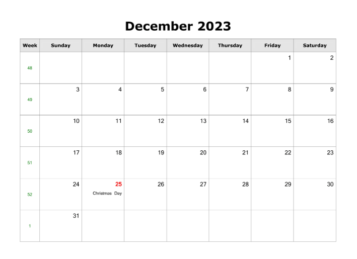 december 2023 calendar holidays blank landscape