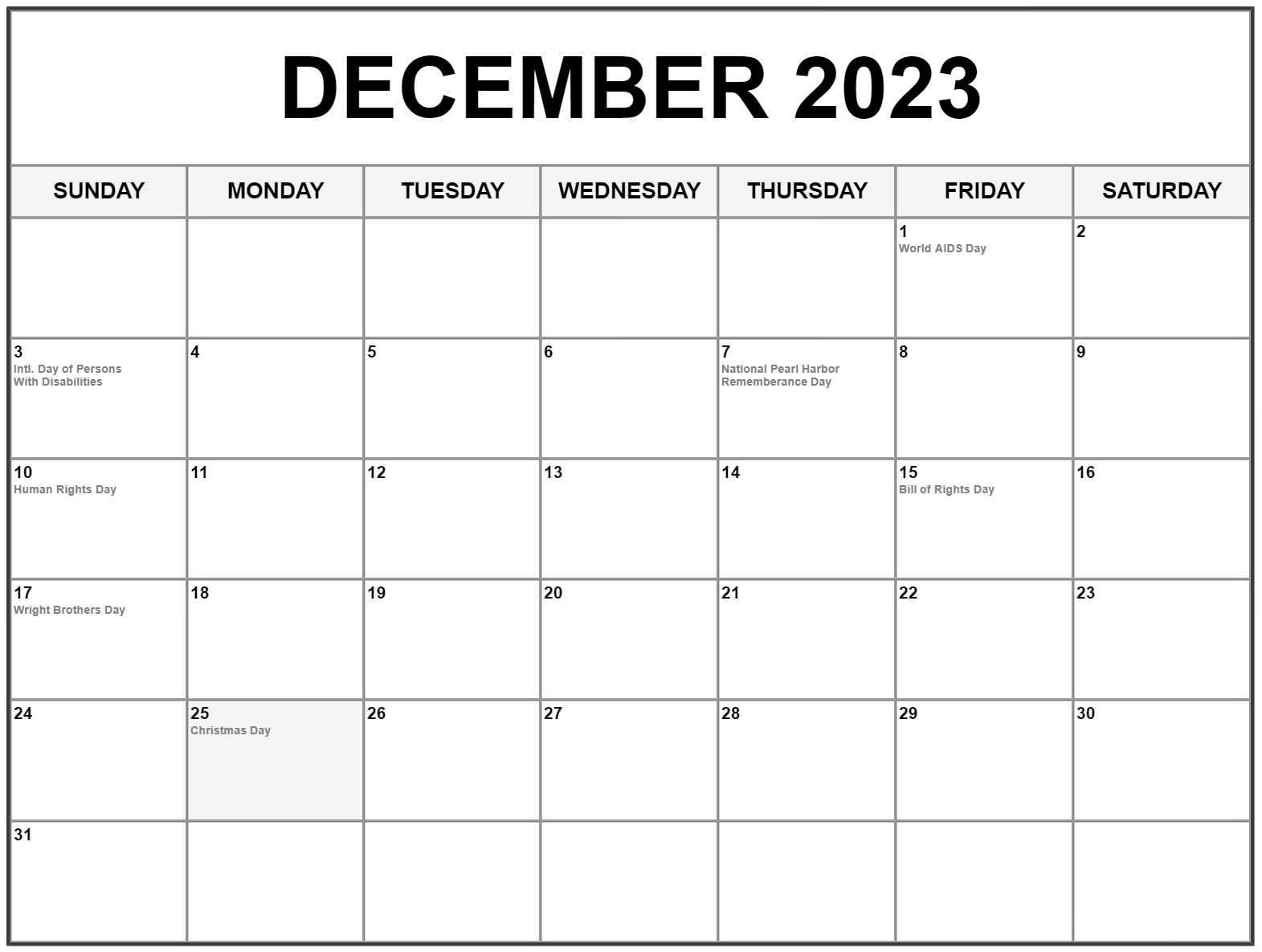 december calendar 2023 holidays template