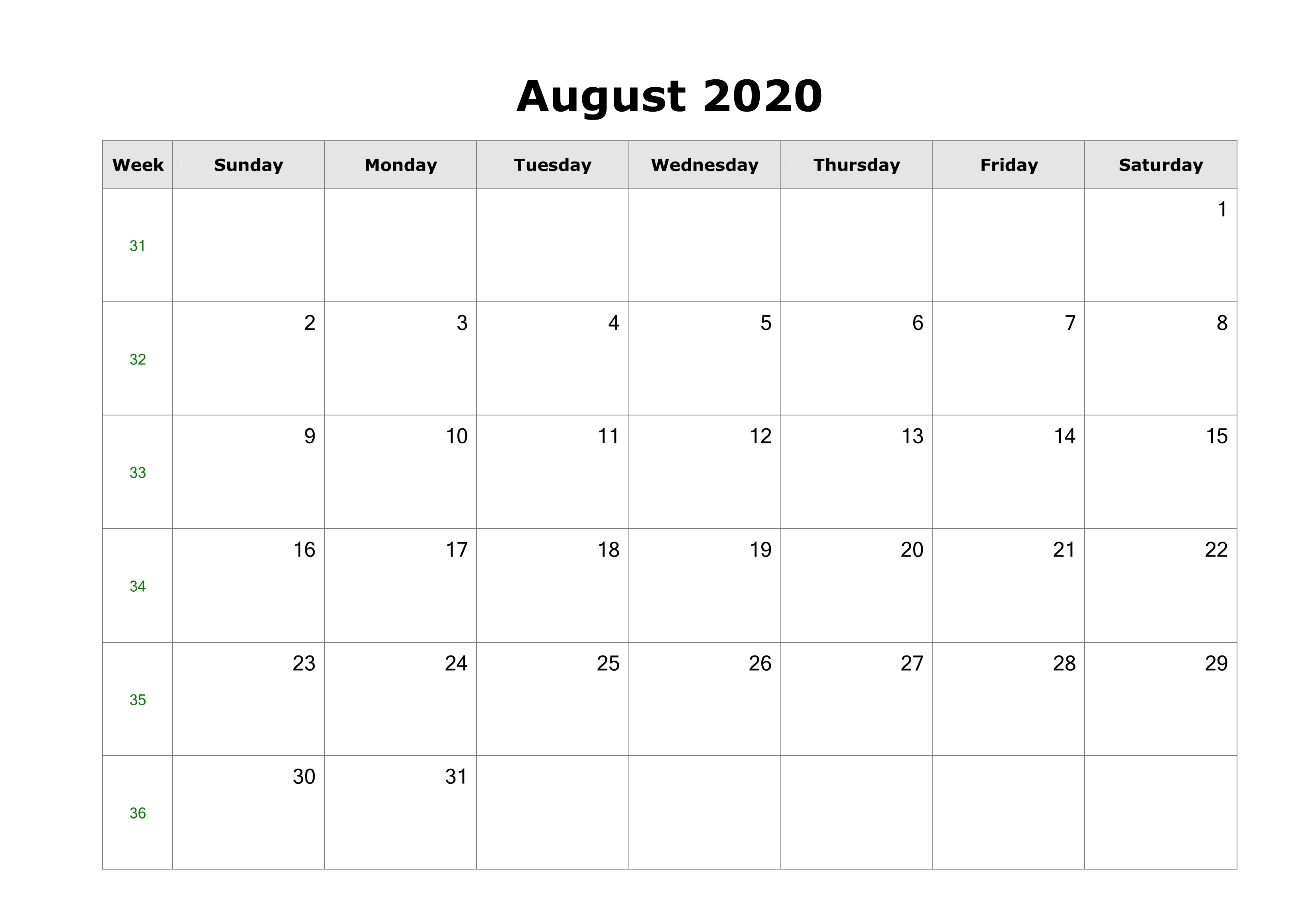 August 2020 Calendar PDF