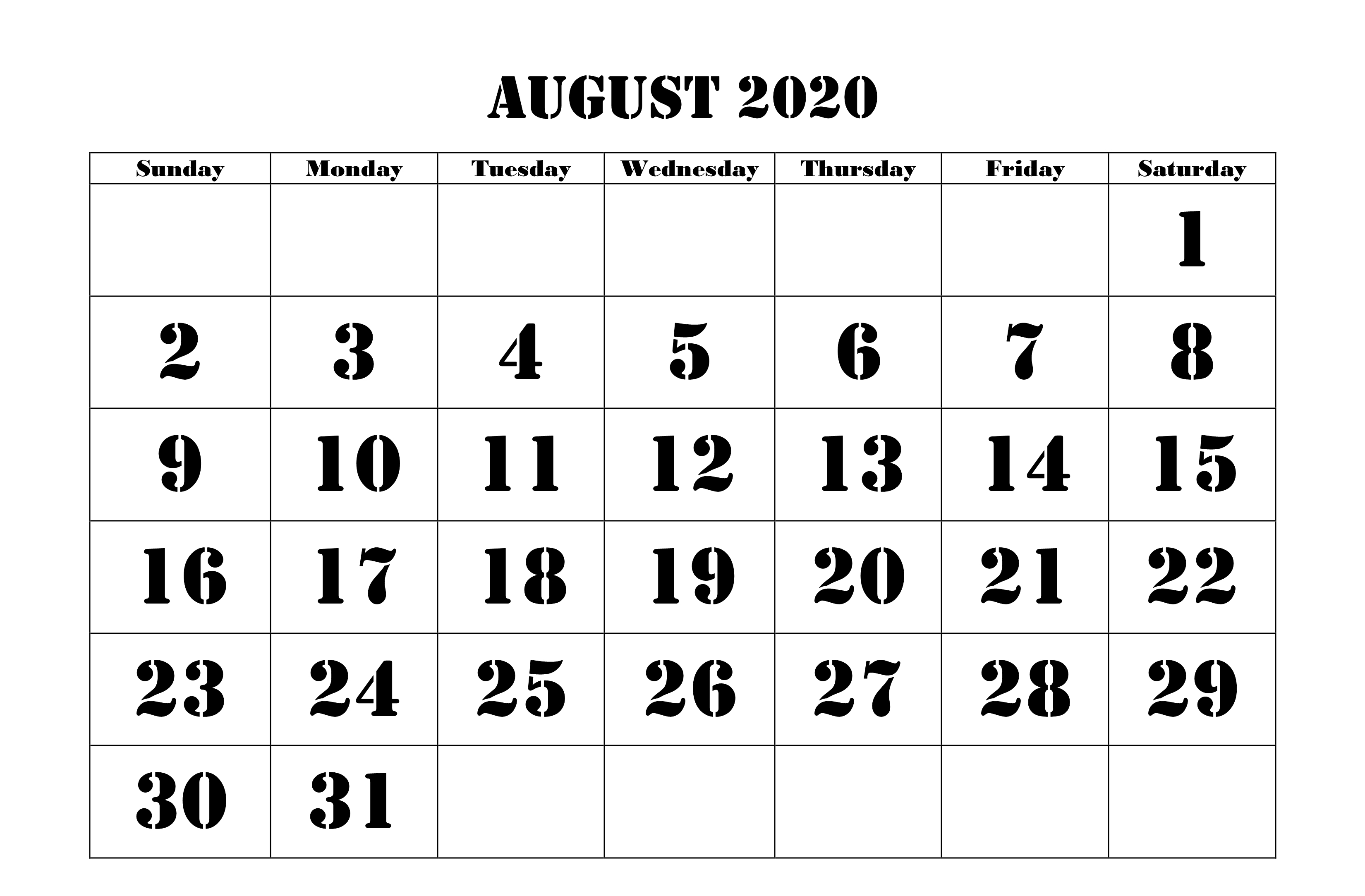 August 2020 Calendar Template