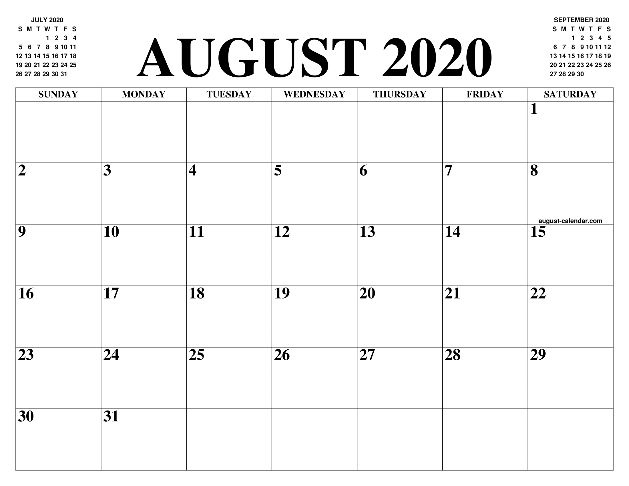 August 2020 Calendar Word
